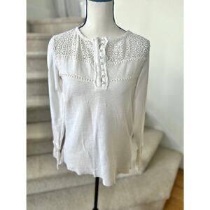 Sundance White Eyelet Lace Long Sleeve Henley T-Shirt